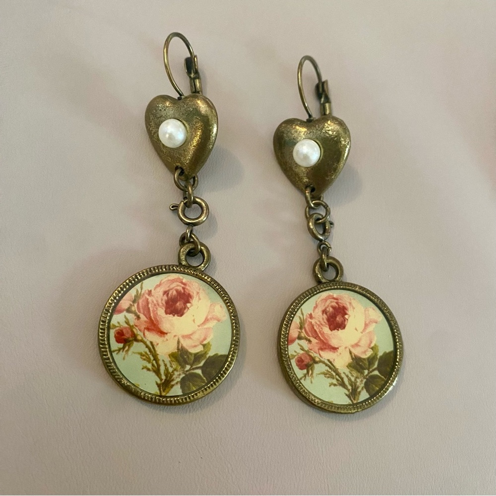 Vintage Heart and Rose Drop Earrings